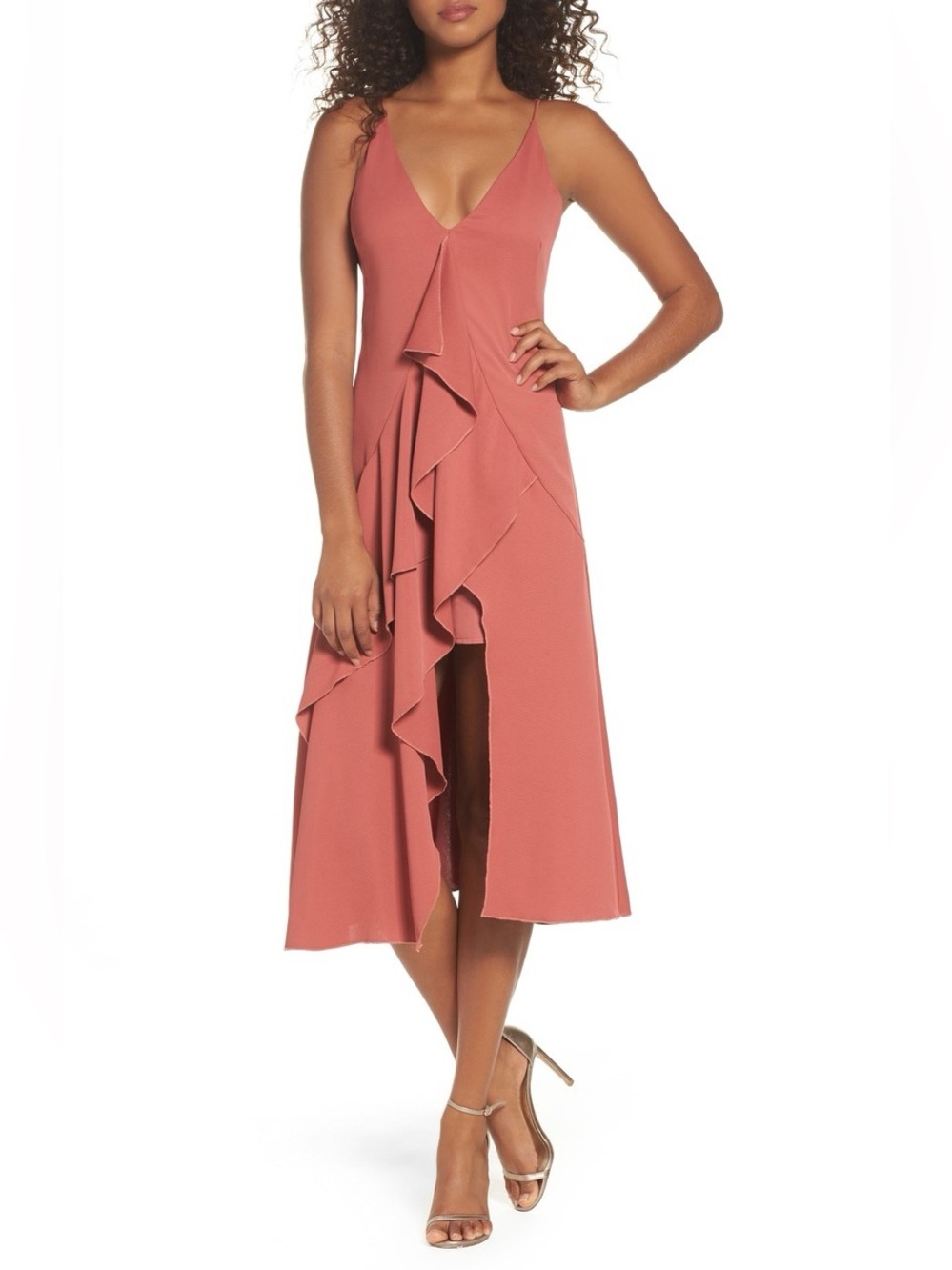 NWT C/MEO Collective Gossamer Dusty Rose Ruffle Front Midi Dress